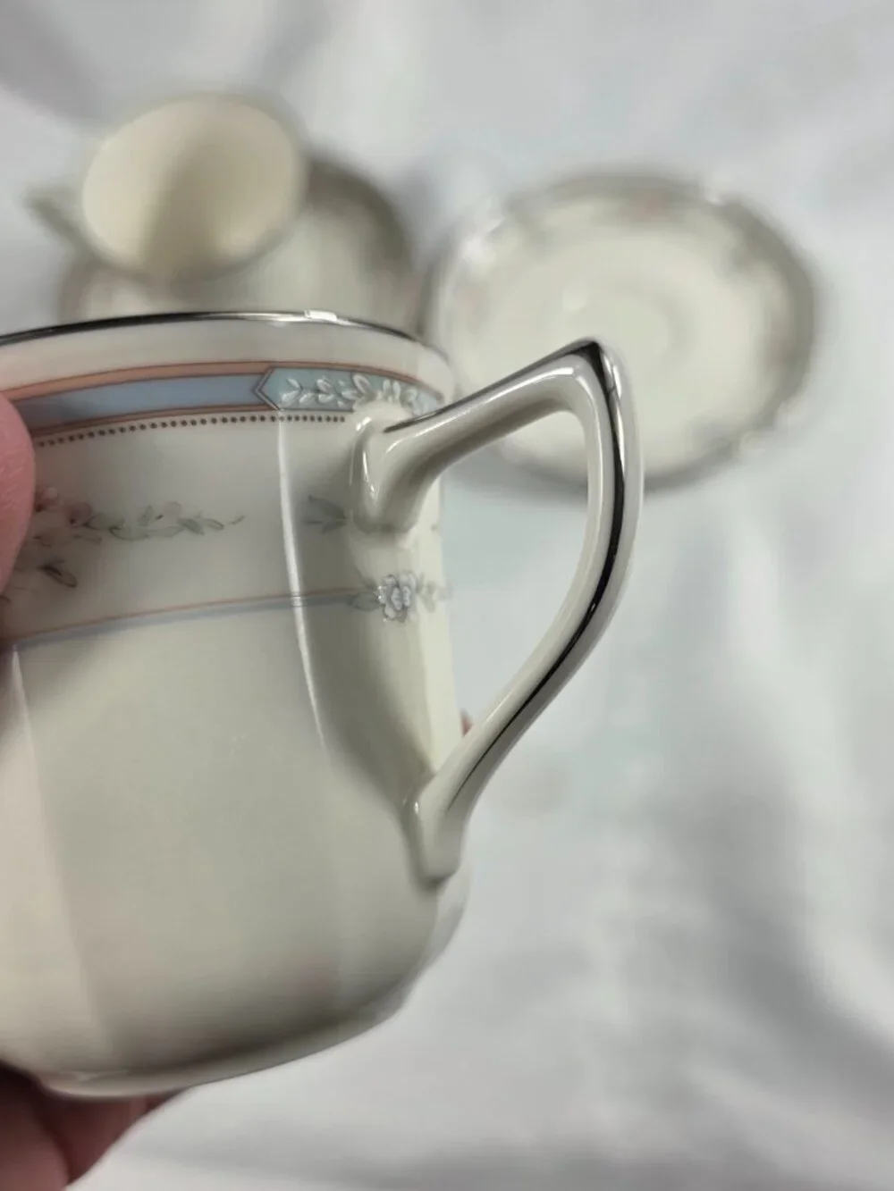 TWO Noritake Rothschild Cup & Saucer Sets Ivory Blue Band with Pink Flowers